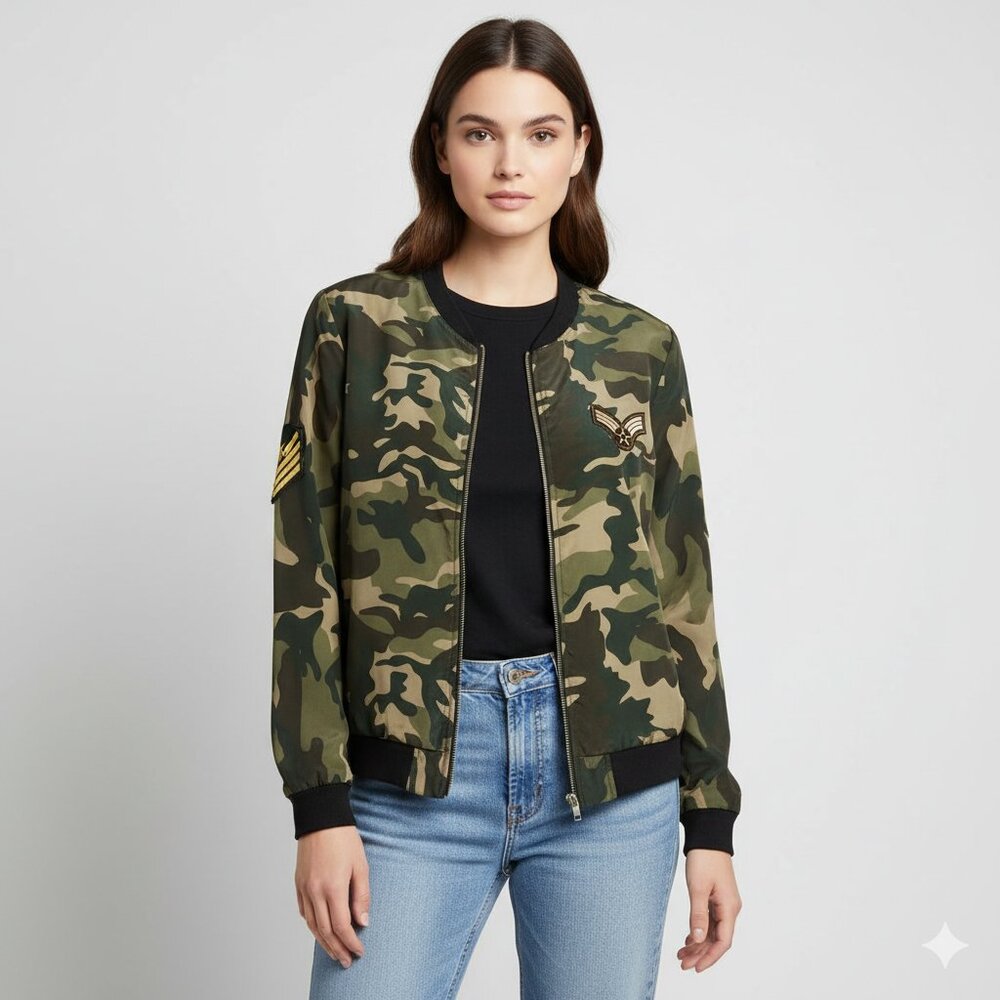 Y2k City of Angels Women's Army Bomber Jacket Zip front Lightweight Green